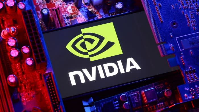 An illustration showing the Nvidia logo surrounded by computer motherboard components.
