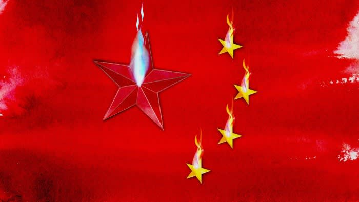 An illustration showing the Chinese flag with its stars lit by gas flames, the largest star depicted as Russia's Kremlin star with a blue gas flame resembling the Gazprom company logo.