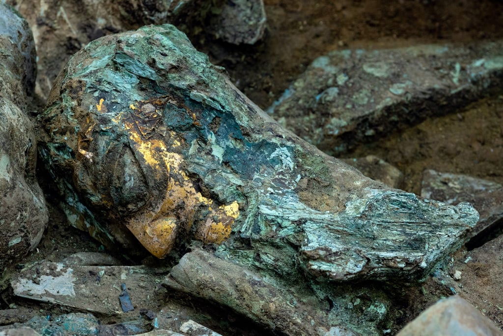 A treasure trove of exquisite bronze, gold and jade wares were unearthed for the first time at the Sanxingdui site. Photo: Xinhua A treasure trove of exquisite bronze, gold and jade wares were unearthed for the first time at the Sanxingdui site. Photo: Xinhua