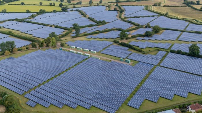 An aerial view of Hillhouse Solar Farm in Gloucestershire