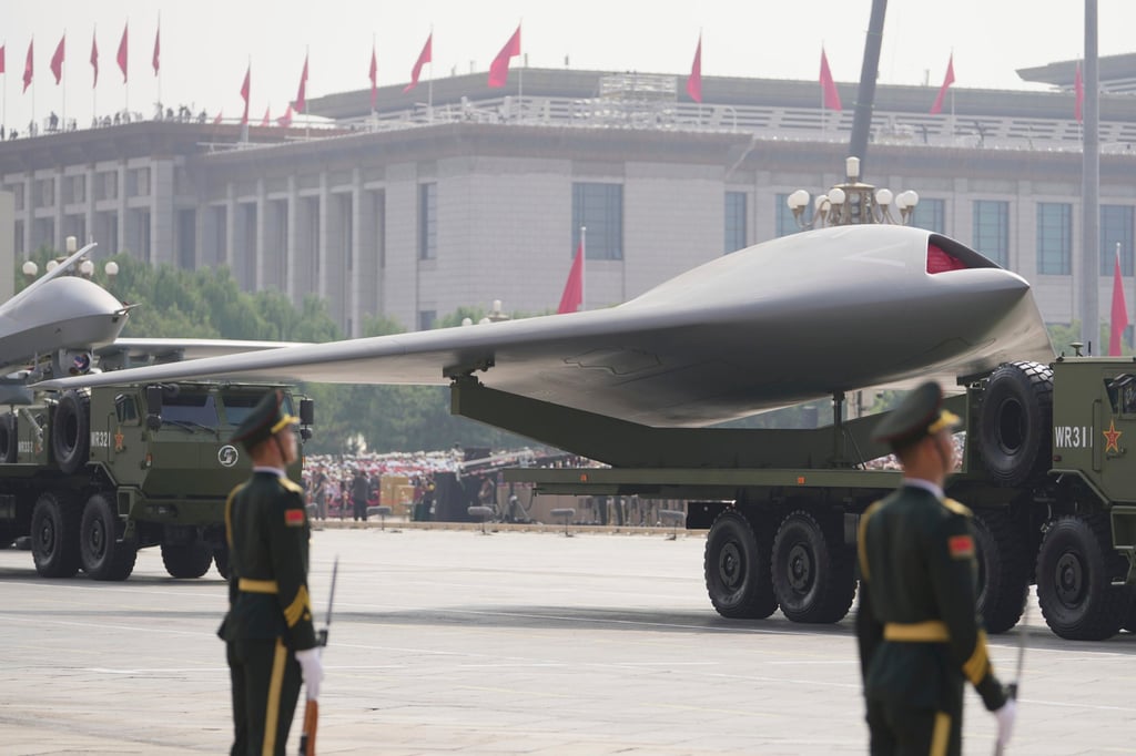 A GJ-11 stealth unmanned combat aerial vehicle is seen in Wednesday’s military parade. Photo: AP A GJ-11 stealth unmanned combat aerial vehicle is seen in Wednesday’s military parade. Photo: AP