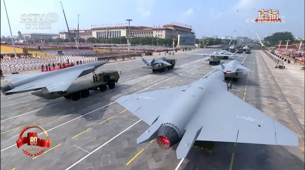 A rear view of the “Type B” drone on display during Beijing’s Victory Day parade on Wednesday. The showcase has sparked renewed speculation about China’s aerial combat advances. Photo: CCTV
