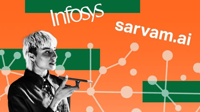 A woman using a phone, AI texture, logos of Infosys and Sarvam AI