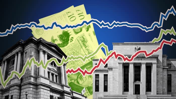 Montage image of the Bank of England and the US Federal Reserve building, some £10 notes and chart lines