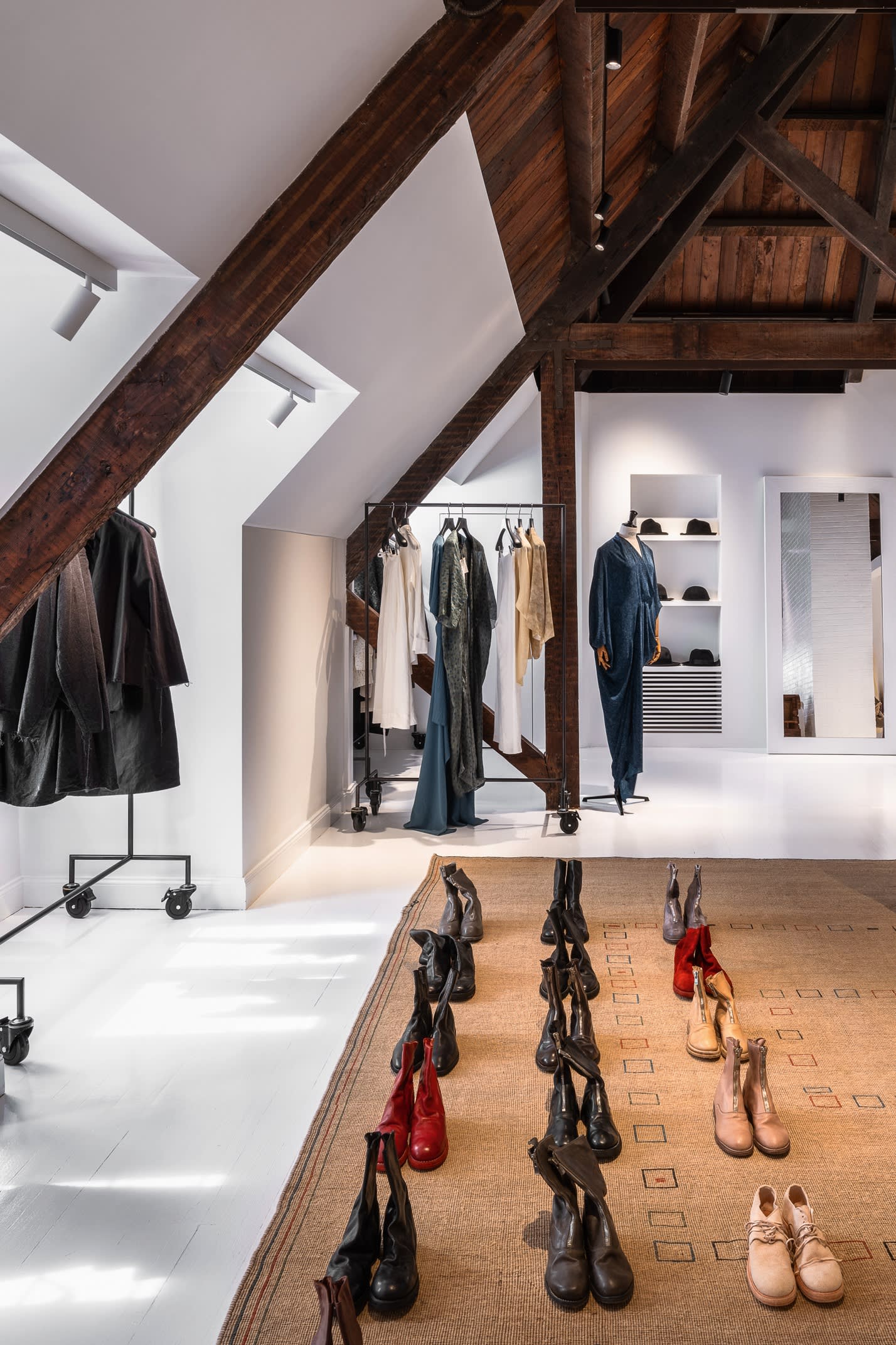 Designer clothing and footwear on display in the attic 