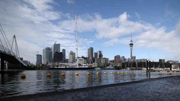 Auckland city skyline, with harbour in the foreground