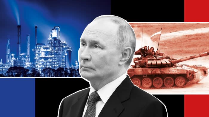 Composite image of Omsk oil refinery in Russia, Putin and a Russian tank
