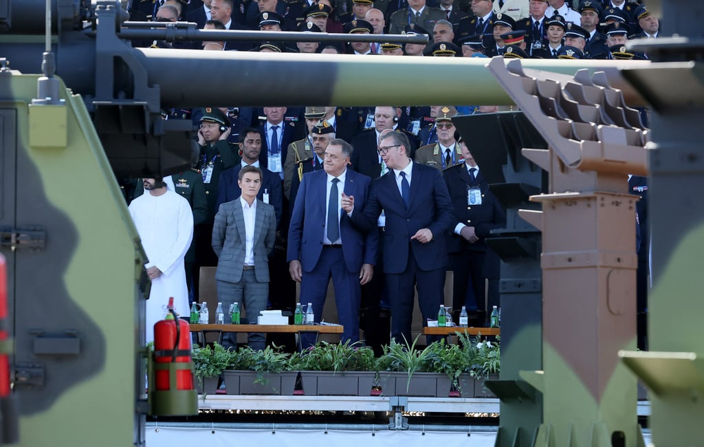 Serbian President Aleksandar Vucic (far-right) attends the military parade, which was the first to be organised by the country’s armed forces since 2014. Photo: Xinhua