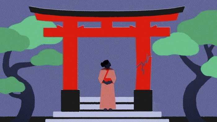 Maria Hergueta illustration of a Japanese woman dressed in gentle pink kimono standing at the entrance of a Japanese temple that is coloured red. The right pillar of the temple is cracked. There is a tree with a green canopy on each side of the temple entrance