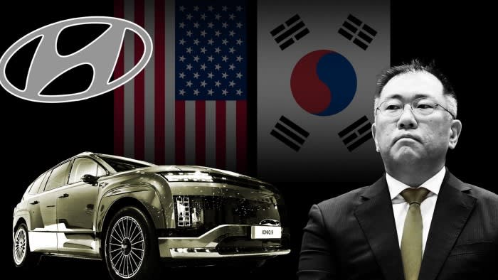 Hyundai Ioniq 9 SUV, Hyundai logo, Chung Eui-sun, and US and South Korea flags in the background