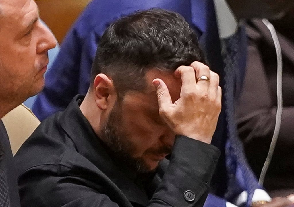 Ukrainian President Volodymyr Zelensky reacts while listening to Trump’s speech at the 80th UN General Assembly in New York on Tuesday. Photo: Reuters
