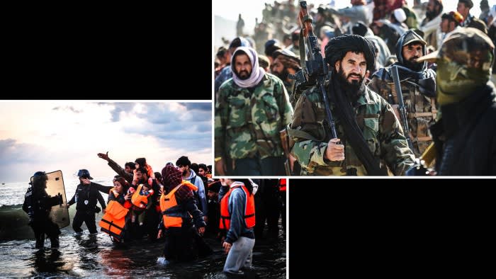 A montage with a photo of Taliban security personnel and another of French police trying to stop migrants boarding boats to travel to the UK
