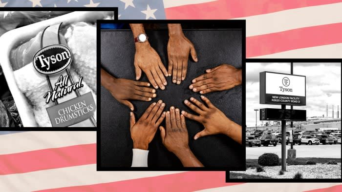 A montage with centre image showing several migrants’ hands placed together on a table. Left: packaged Tyson chicken. Right: Tyson Foods New London, Wisconsin facility sign