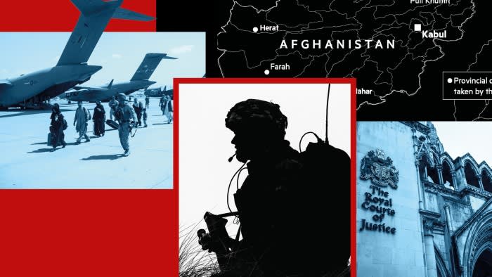 Montage of Afghans next to aircraft, a British soldier, a map of Afghanistan and the exterior of London’s Royal Courts of Justice