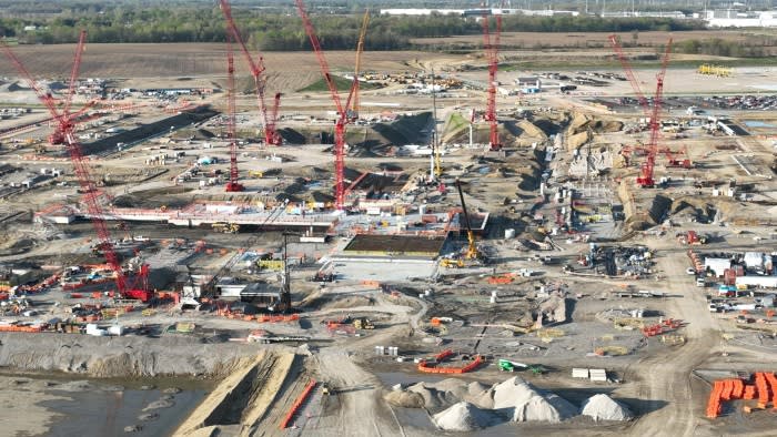 Aerial view of the Intel semiconductor plant construction site in New Albany