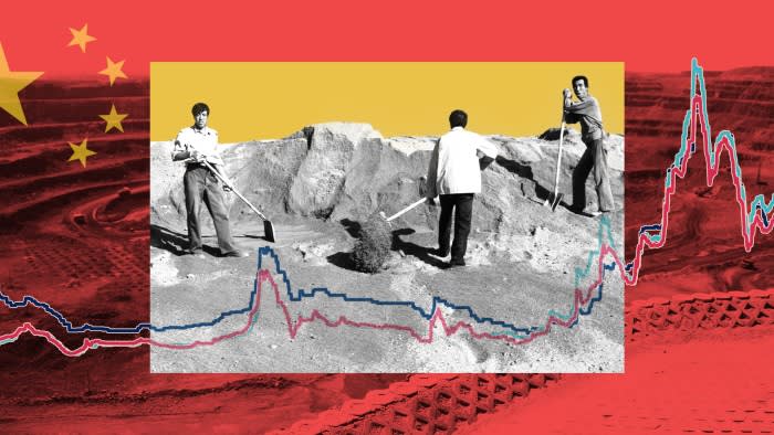Montage showing workers at a rare earths mine with a superimposed Chinese flag