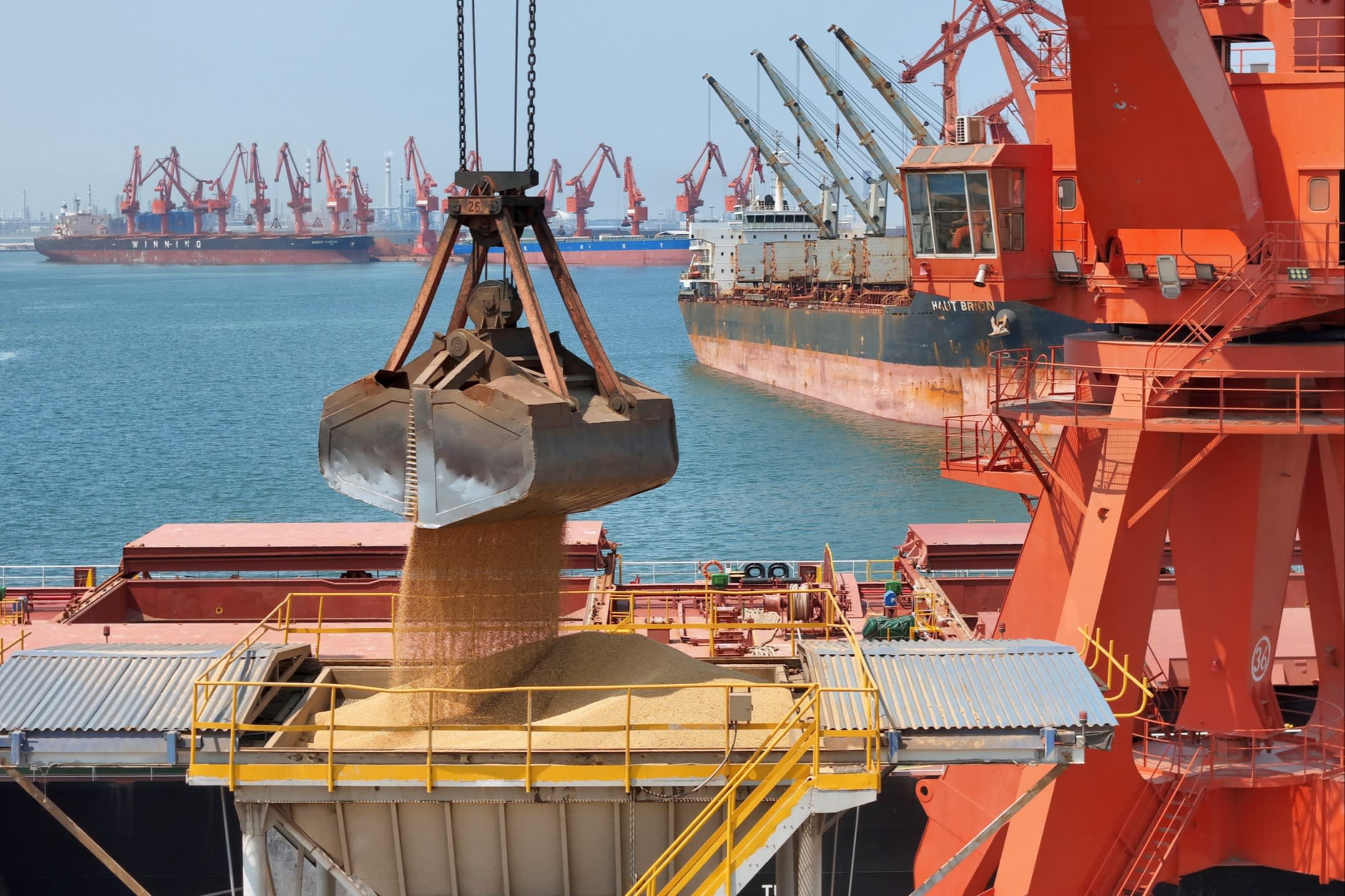 A large mechanical grabber unloads soyabeans from a ship into a storage area at Longkou Port, with cranes and ships in the background.