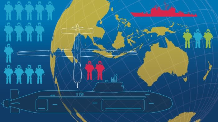 Illustration of military vessels and aircraft, personnel in combat gear and a globe