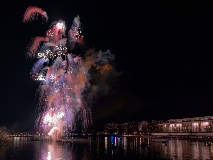 Fireworks from Cai Guo-Qiang's &quot;Interspecies Love Letter&quot; illuminate the night sky above a river, with city buildings and reflections visible.