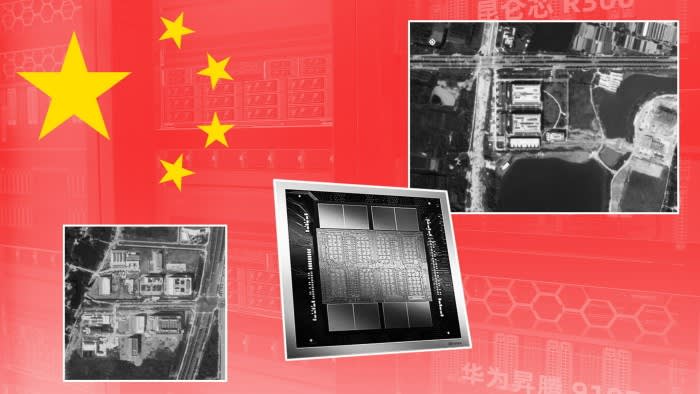 Montage showing Chinese flag, Nvidia’s Blackwell chip, Huawei site (top right), China Telecom and China Unicom site.