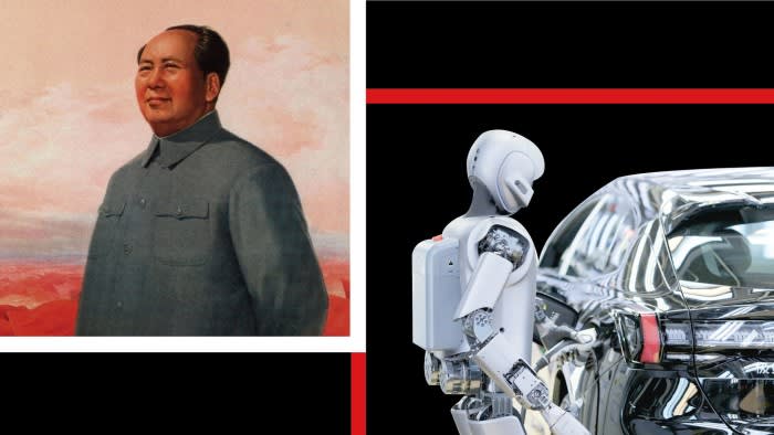 A montage of an image of Mao Zedong and a robot holding a charger in an electric vehicle