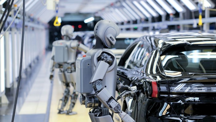 UBTECH’s swarm-intelligent humanoid robots conduct practical training at Zeekr’s 5G Intelligent Factory on March 1, 2025 in Ningbo, Zhejiang Province of China