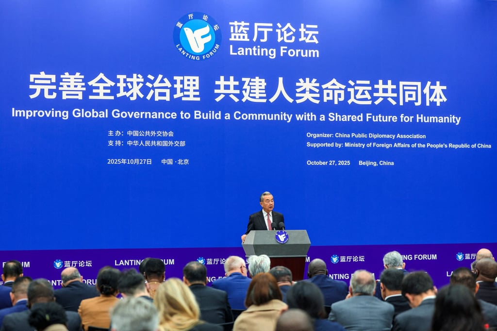 Foreign Minister Wang Yi delivers a speech at the Lanting Forum in Beijing on Monday. Photo: Reuters
