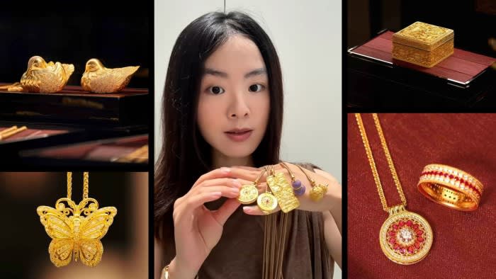A collage of images of different jewellery pieces and a woman holding gold jewellery