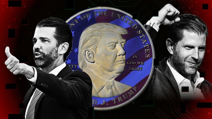Montage of images of Donald Trump Jr giving a thumbs up and Eric Trump pumping his fist in the air against a background of a Trump coin