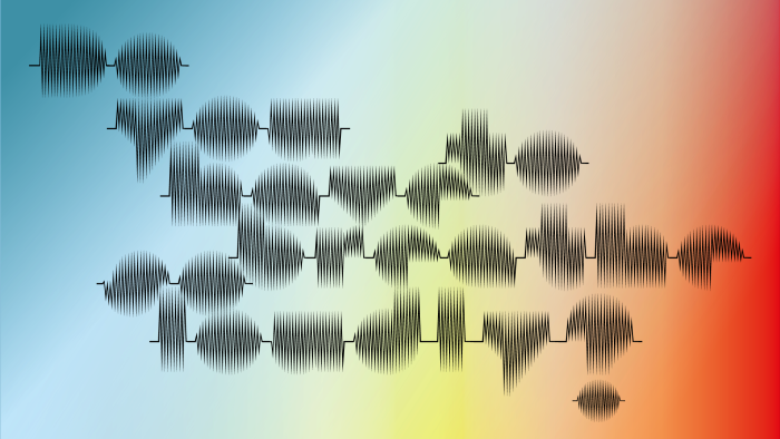 Illustration featuring stylised black text over a blue-to-red gradient