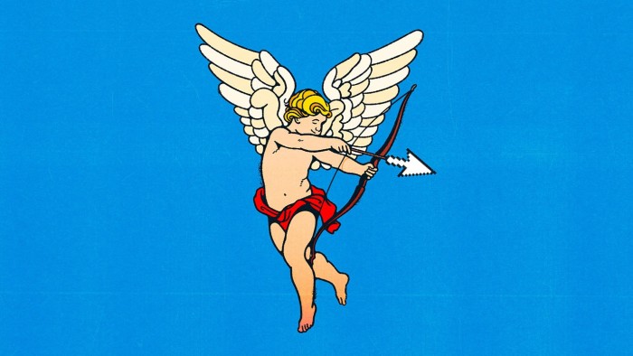 An illustration of cupid before a blue background