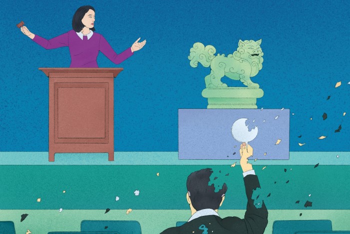 An illustration of a female auctioneer selling a Chinese bronze lion as a man in the audience holds up a paddle to bid but is visibly dissolving.