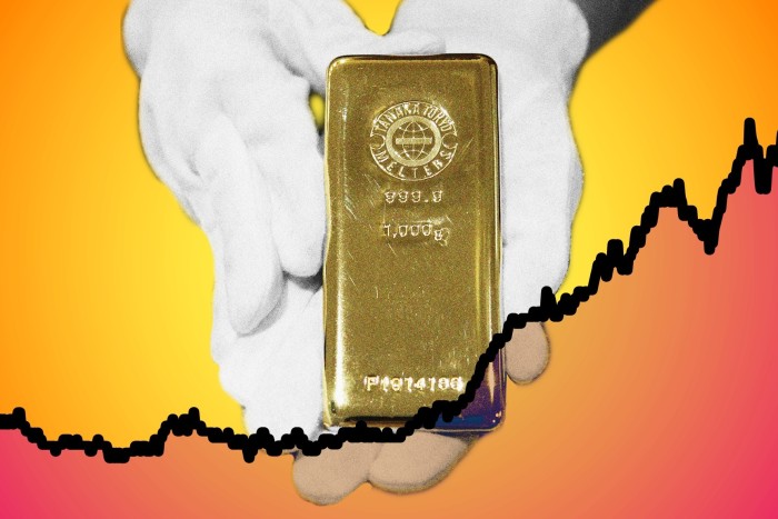 Picture of a gold bar and a line chart showing the metal’s rise