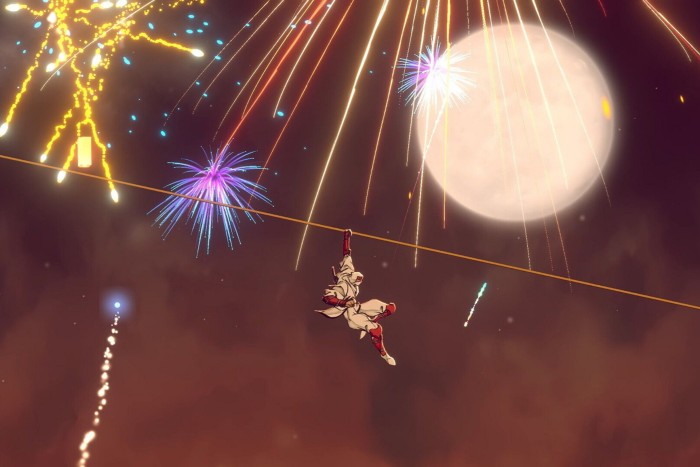 A scene from a video game showing a ninja in white and red attire ziplining under fireworks and a full Moon in the night sky.