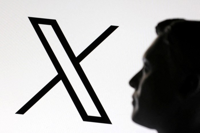 A silhouette of Elon Musk facing a large X logo on a white background.