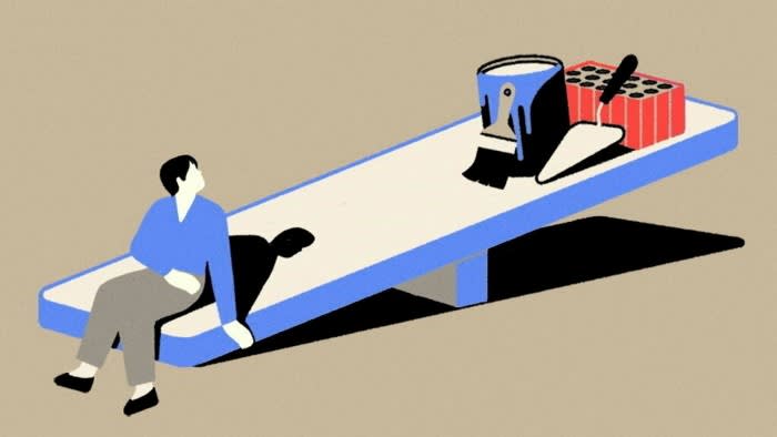 An illustration showing a person on one end of a see-saw, with construction tools and bricks weighing down the other end