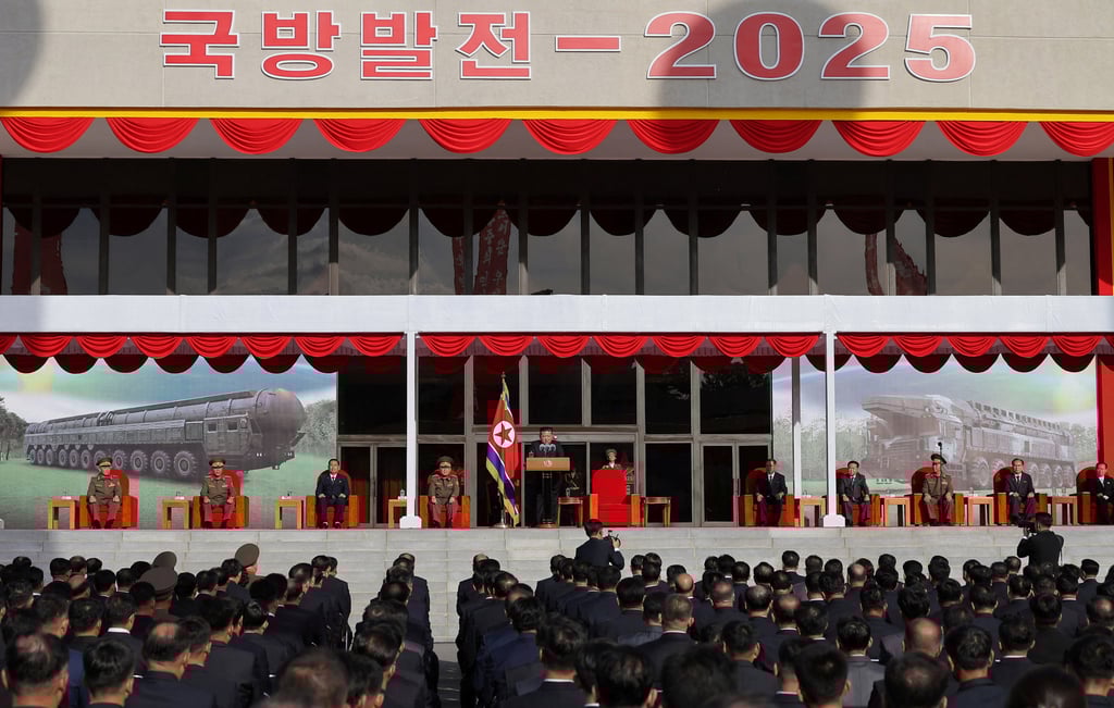 North Korean leader Kim Jong-un speaks during a military event ahead of the anniversary. Photo: KCNA via Reuters