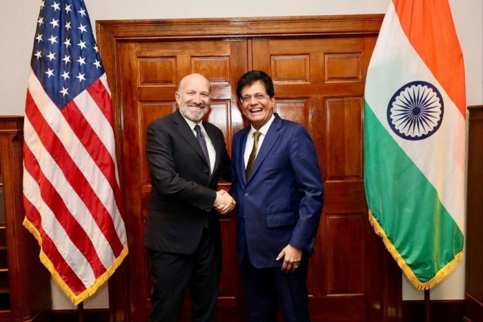 Howard Lutnick, left, meeting India’s commerce secretary Piyush Goyal in May