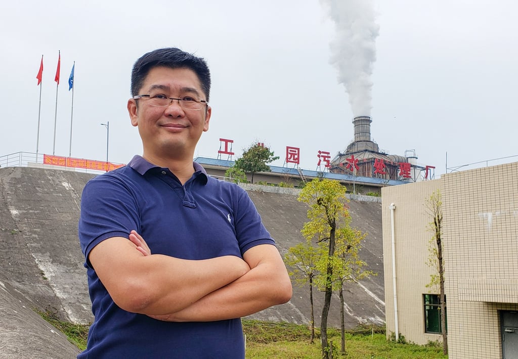 Sunny Yip Yuk-chik poses in front of his sewage treatment plant in Zhaoqing on October 9, 2019. Photo: Handout Sunny Yip Yuk-chik poses in front of his sewage treatment plant in Zhaoqing on October 9, 2019. Photo: Handout