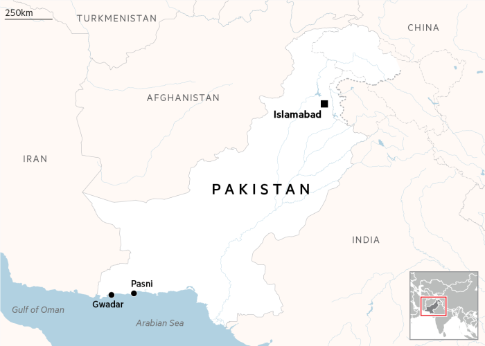 Map of Pakistan showing the capital Islamabad, and Pasni and Gwadar near the Iran border