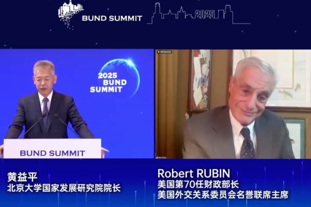 Former secretary of the US Treasury Robert Rubin appears by video at the Bund Summit in Shanghai on Thursday. Photo: Weibo