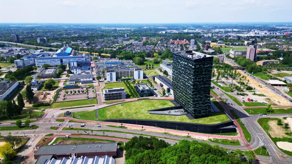 A bird’s-eye view of chipmaker Nexperia’s headquarters, which rises above the urban landscape of Nijmegen, the largest city in the Dutch province of Gelderland. Photo: Shutterstock.