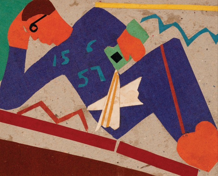 A paper collage showing a stylised man reclining, wearing glasses and a blue outfit with "1957" on the chest, holding a green object