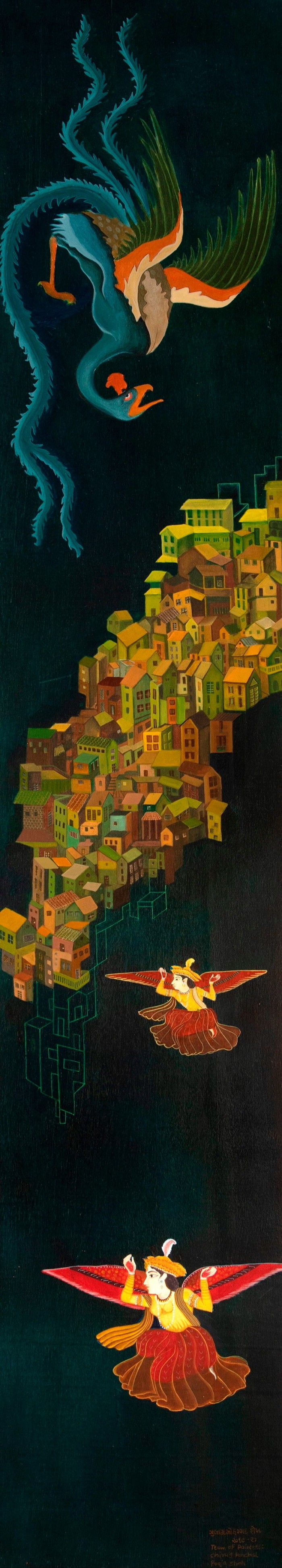 An illustration showing a large, mythical bird flying above a cluster of colourful, stacked houses with two winged female figures hovering below.