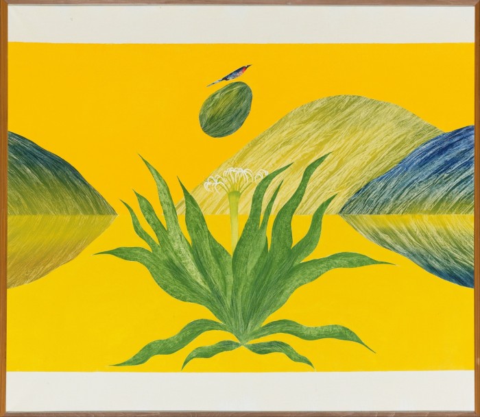 An illustration showing a green lily plant with white flowers in front of stylised hills, a floating sphere, and a small bird, all set against a bright yellow background