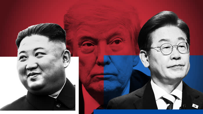 Montage of images of Kim Jong Un, Donald Trump and Lee Jae Myung