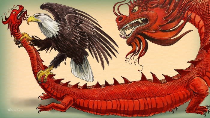 An illustration showing a bald eagle grappling with a two-headed red dragon, symbolising the US-China trade war.