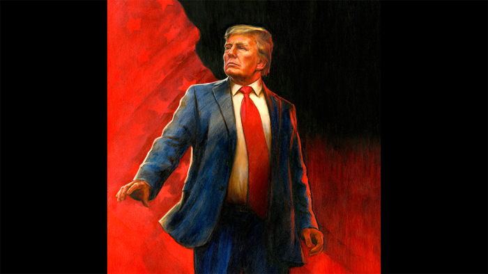 Illustration of Donald Trump in a suit and red tie standing against a dramatic red background