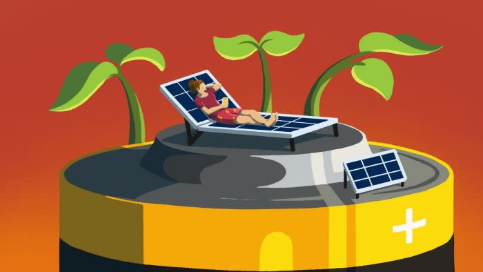 Andy Carter illustration showing a person relaxing on a solar-panel lounge chair atop a large battery, surrounded by green leaves