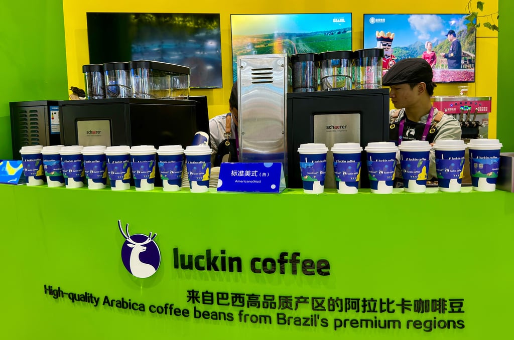 Chinese coffee-house chain Luckin Coffee, which uses beans sourced from Brazil, is featured at the Brazilian national pavilion at the China International Import Expo in Shanghai. Photo: Frank Chen Chinese coffee-house chain Luckin Coffee, which uses beans sourced from Brazil, is featured at the Brazilian national pavilion at the China International Import Expo in Shanghai. Photo: Frank Chen